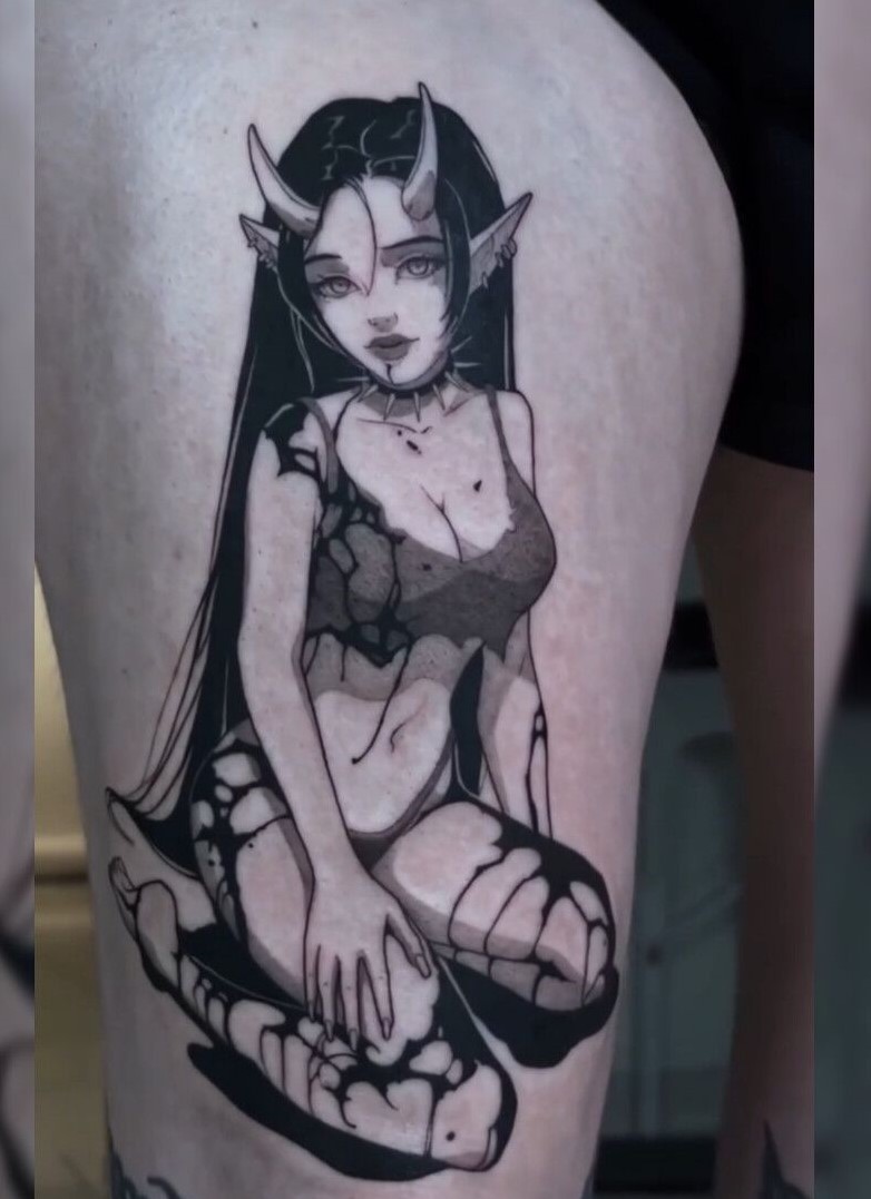 دیمن گرل – سبک انیمه/مانگا شخصیت دختر فانتزی با شاخ و گوش‌های خاص، طراحی شده در سبک انیمه با خطوط مشکی پررنگ و سایه‌کاری. مناسب برای طرفدارای مانگا و فانتزی