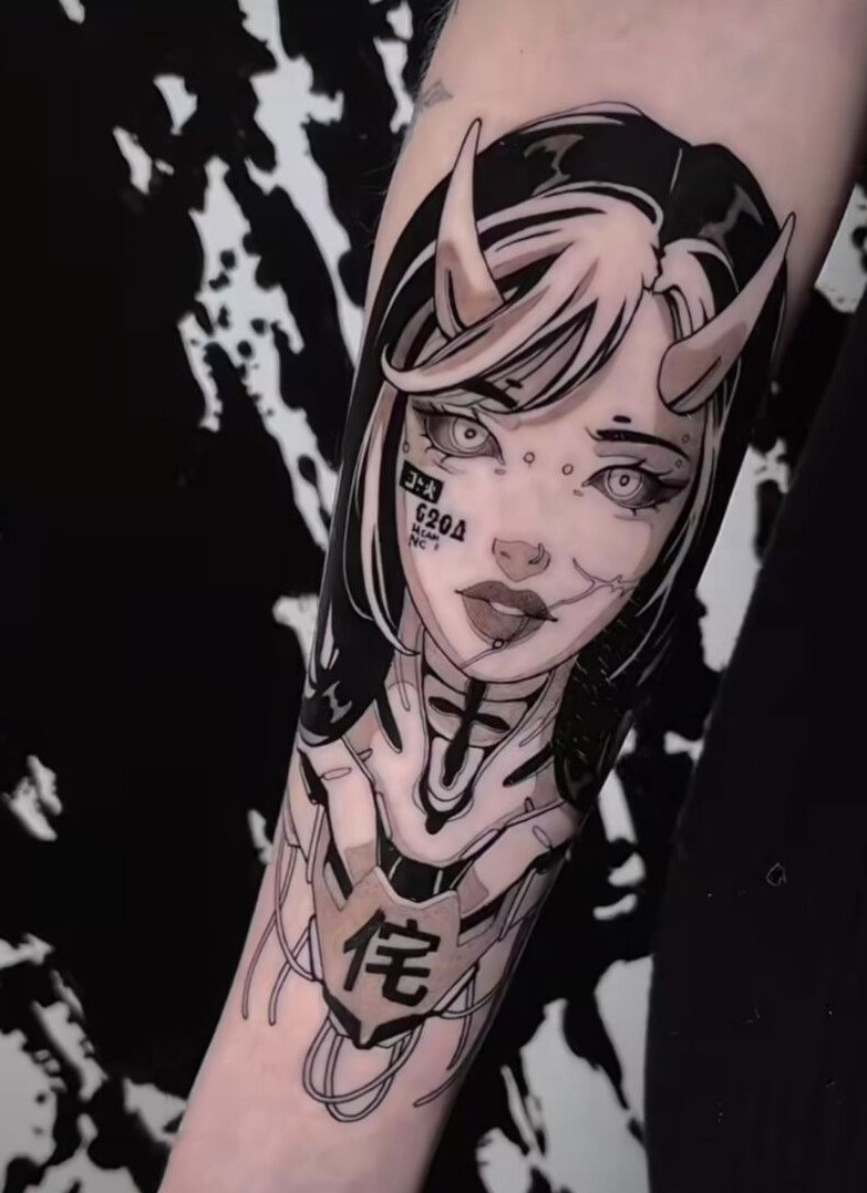 طراحی فانتزی به سبک انیمه و بلک‌ورک، ترکیبی از مانگا و المان‌های سایبرپانک. مناسب علاقه‌مندان به هنر ژاپنی و طرح‌های خاص